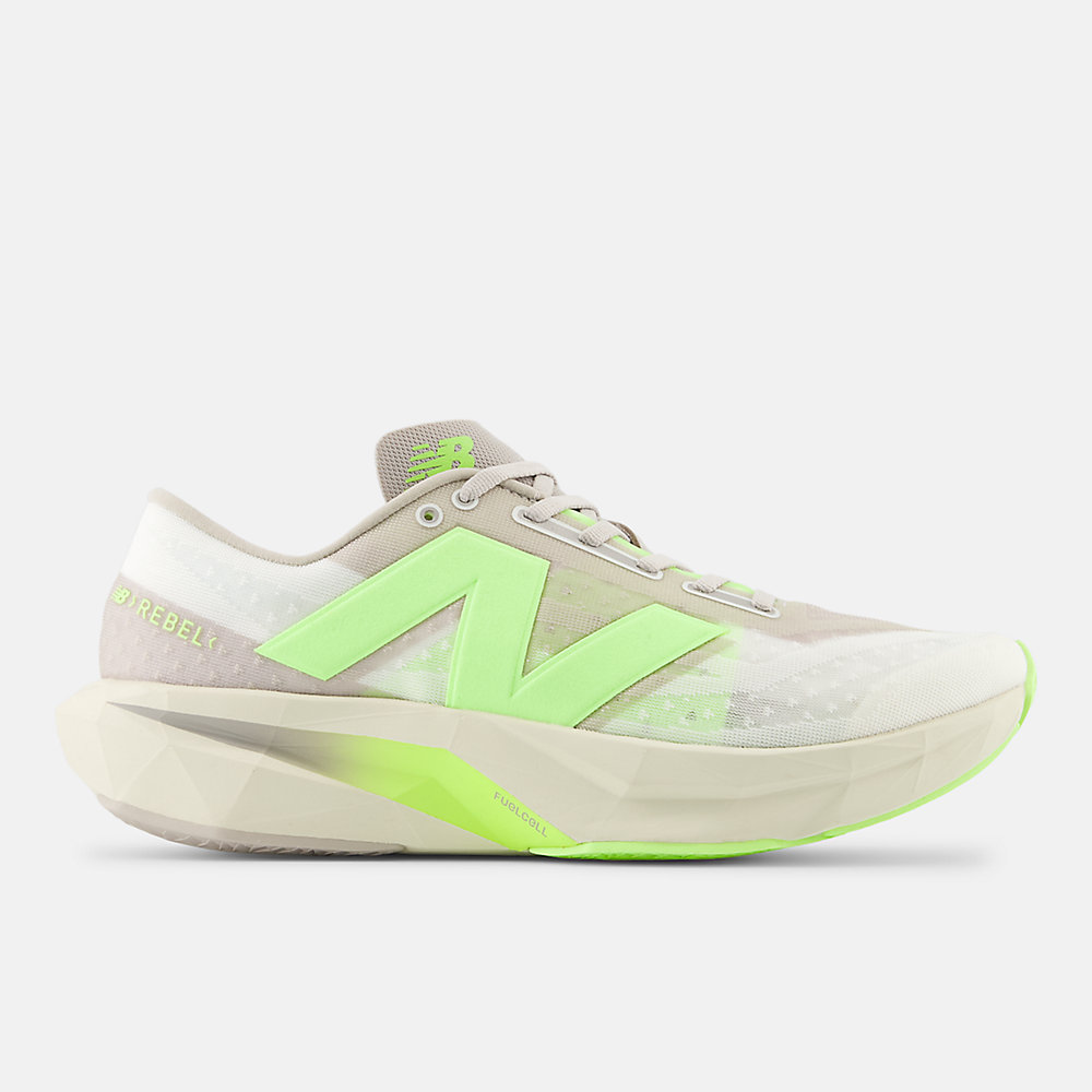 New Balance FuelCell Rebel v4 Shoes Moonrock with Bleached Lime Glo and Sea Salt